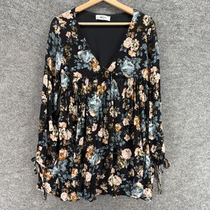 Mod Mini Dress Women S Small Black Floral Short V-Neck Long Sleeve Lined Casual